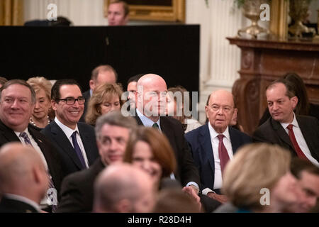 Deliberando Procuratore Generale Matteo G. Whitaker, centro, si siede con membri del gabinetto della Presidente come essi attendono l'arrivo del Presidente americano Trump che assegnerà la medaglia presidenziale della libertà nel corso di una cerimonia che si terrà nella Sala Est della Casa Bianca di Washington, DC il Venerdì, 16 novembre 2018. Il premio è la nazione più alta onorificenza civile e viene assegnato dal presidente di individui che hanno reso benemerito contributi per gli Stati Uniti. Da sinistra a destra: il Segretario di Stato americano Mike Pompeo, ministro del Tesoro americano Steven T. Mnunchin, Whitaker, Segretario di Stato americano per il commercio Foto Stock