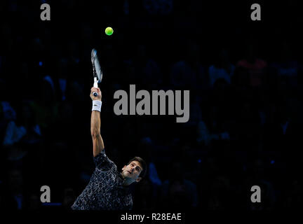 Londra, Regno Unito. 17 Nov, 2018. 17 novembre 2018, O2 Arena, Londra, Inghilterra; Nitto tennis ATP Finals; Novak Djokovic (SRB) serve a Kevin Anderson (RSA) Credit: Azione Plus immagini di sport/Alamy Live News Foto Stock