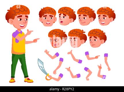 Il ragazzo, bambino, capretto, Teen vettore. Sorriso. Carino. La felicità del divertimento. Affrontare le emozioni, vari gesti. Red Head. Creazione di animazione Set. Piatto isolato personaggio dei fumetti illustrazione Illustrazione Vettoriale