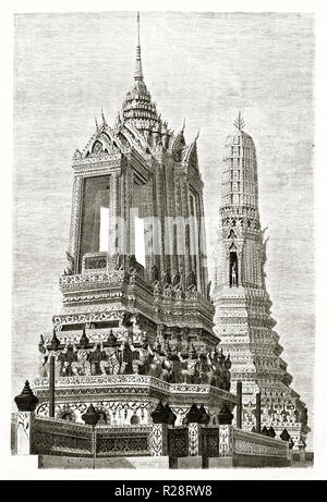 Vecchio vista di Wat Arun, tempio buddista a Bangkok, in Thailandia. Da Bocourt, publ. in Le Tour du Monde, Parigi, 1863 Foto Stock