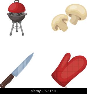 Barbeque, champignon, coltello, barbecue mitten.barbeque set di icone di raccolta in stile cartoon simbolo vettore illustrazione stock . Illustrazione Vettoriale