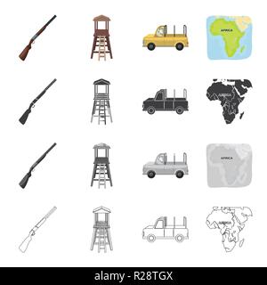 Fucile da caccia, Safari e altre icone in stile cartoon.Africa, Equatore, tropici, icone nella raccolta di set. Illustrazione Vettoriale