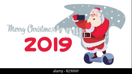 Babbo Natale ride scooter elettrico tenendo selfie vacanze di Natale anno nuovo concetto orizzontale piana Illustrazione Vettoriale