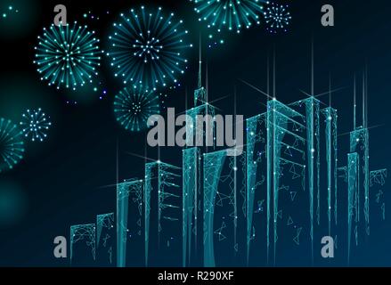 E moderno grattacielo vacanza cityscape di Natale. Anno nuovo 3D punto poligonale della linea blu scuro cielo notturno eve greeting card modello. Luce incandescente città in festa silhouette illustrazione vettoriale Illustrazione Vettoriale