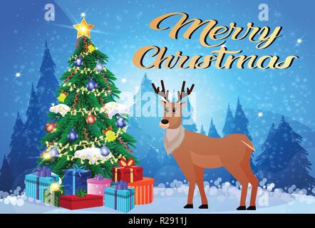 Deer cartoon renne animale nei pressi di abete confezione regalo decorazione sfere inverno sfondo foresta buon Natale felice anno nuovo concetto orizzontale piana Illustrazione Vettoriale