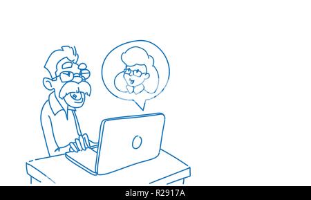 Senior uomo utilizzando laptop bolla chat comunicazione online con donna conversazione concetto schizzo doodle orizzontale Illustrazione Vettoriale