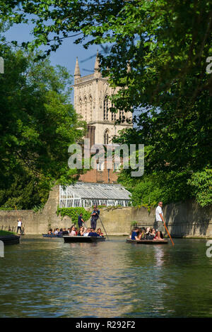 I turisti punting sul fiume Cam con St John's College Chapel in background, Cambridge, Regno Unito Foto Stock