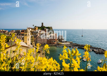 Vista del villaggio con case colorate sulla costa, Vernazza, Sito Patrimonio Mondiale dell'UNESCO, le Cinque Terre e la Riviera di Levante Foto Stock