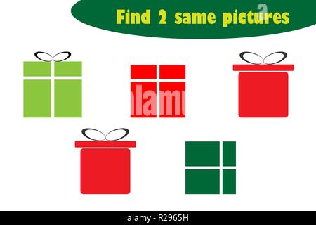 Trovare due immagini identiche, educazione divertente gioco con il regalo di Natale Scatole cartone animato per bambini in età prescolare attività del foglio di lavoro per i bambini, compito per la de Illustrazione Vettoriale