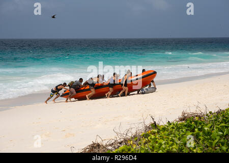 Zodiac offre ai turisti di l'isola di Aride e Riserva Naturale Seychelles Foto Stock