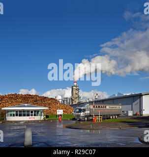 Ramage Transport Ltd. Veicoli commerciali pesanti a Egger Baronia impianto industriale. Auchinleck, East Ayrshire, in Scozia, Regno Unito, Europa. Foto Stock