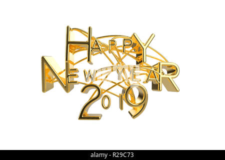 Felice Anno Nuovo 2019 Natale elegante golden lettering parola con lettere legato da stringhe isolati su sfondo bianco. Vacanza 3D illustrazione Foto Stock