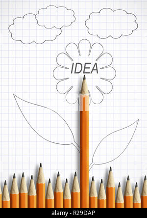 Idea il concetto di creatività, matita con foglie come fiore Foto Stock