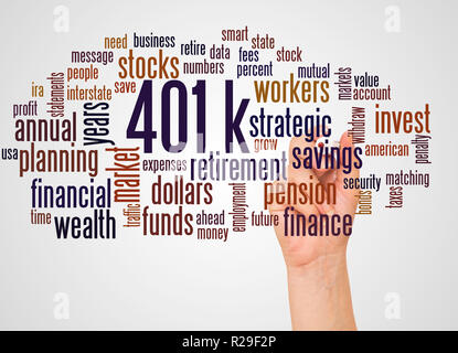 401k, word cloud e la mano con il concetto di marcatore su sfondo bianco. 401k - piano di risparmio previdenziale sponsorizzato dal datore di lavoro. Foto Stock