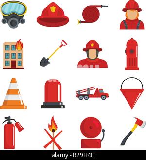 Fire fighter set di icone. Illustrazione piatta di 16 fire fighter icone vettoriali isolato su bianco Illustrazione Vettoriale