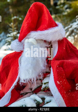 Il Santa Claus costume con barbe si blocca su abete rosso in inverno foresta. Un piccolo albero in una foresta innevata è coperto di Santa Claus vestiti. Cristo Foto Stock