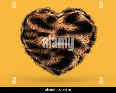 Carino fluffy cuore rosa forma su giallo. Il rendering 3D Foto Stock