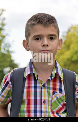 Carino brunette boy undici anni in estate sfondo Foto Stock