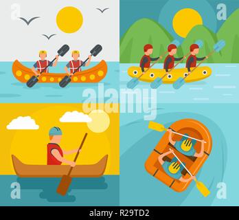 Rafting kayak acqua canoa fiume concetto banner set. Figura piana di 4 rafting kayak acqua canoa fiume vettore concetti di banner per il web Illustrazione Vettoriale