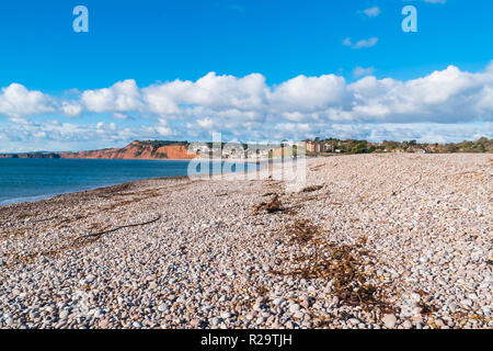 Le due miglia di spiaggia di ciottoli di Budleigh Salterton Devon UK. Ottobre 2018. Foto Stock