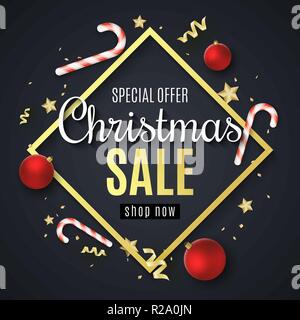 Natale grande vendita banner. Palle rosse. Coriandoli e serpentina. Golden Stars e lollipop. Telaio di diamante. Offerta speciale. Sparse in giocattoli. Vector illust Illustrazione Vettoriale