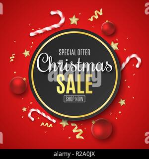 Natale Vendita banner. Palle rosse. Coriandoli e serpentina. Golden Stars e lollipop. Giocattoli sparsi sul bordo. Offerta speciale. Etichetta di festa. Vect Illustrazione Vettoriale