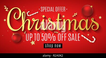 Vendita di natale. Palle rosse. Coriandoli e serpentina. Golden Stars e lollipop. Giocattoli sparsi sul bordo. Offerta speciale. Banner Web per la vendita. Vecto Illustrazione Vettoriale