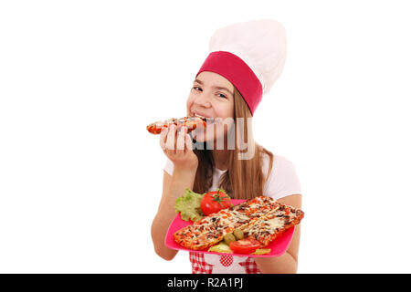 Happy girl cook mangia un sandwich Foto Stock