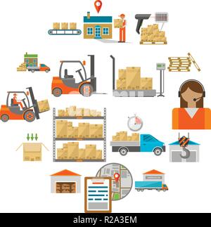 Magazzino trasporto e consegna le icone set piatta isolati su sfondo bianco Illustrazione Vettoriale