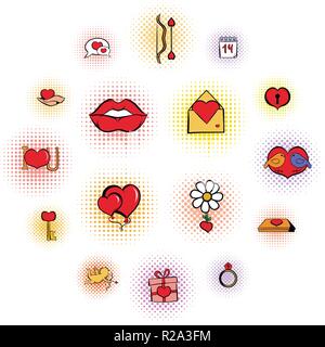 Valentines fumetti set di icone isolati su sfondo bianco Illustrazione Vettoriale
