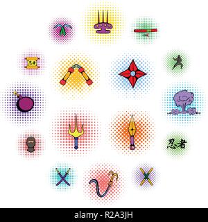 Arma Ninja set di icone in stile fumetto su sfondo bianco Illustrazione Vettoriale