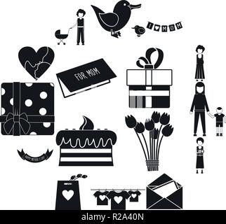 Festa della Mamma nero icone semplice impostare isolato su bianco Illustrazione Vettoriale