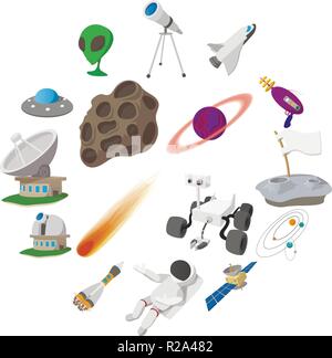 Spazio illustrazioni cartoon set. 16 simboli su sfondo bianco Illustrazione Vettoriale