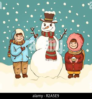 I bambini fanno pupazzo di neve e divertimento invernale, cartoon colorato disegno, illustrazione vettoriale, scheda, poster, striscioni, vacanze sfondo. Dipinto di carino un ragazzo e una ragazza Illustrazione Vettoriale