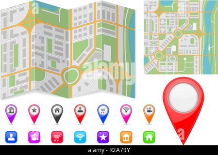 Abstract mappa della città con contrassegni della posizione e delle icone Illustrazione Vettoriale