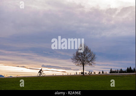 Ciclista su Hohenpeissenberg, Alta Baviera, Germania Foto Stock