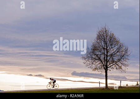 Ciclista su Hohenpeissenberg, Alta Baviera, Germania Foto Stock