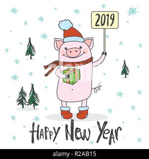 Divertente e carino suino con segno ,carne di maiale simbolo del nuovo anno 2019, Illustrazione Vettoriale