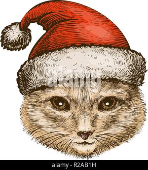 Kitty Cat in santa claus hat. Natale, festa del concetto. Schizzo illustrazione vettoriale Illustrazione Vettoriale