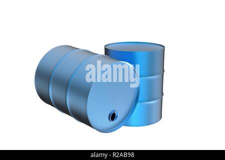 Due metalli industriali barili di olio 3D rendering isolati su sfondo bianco Foto Stock