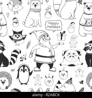 Modello senza cuciture con animali e diversi elementi di natale. Illustrazione Vettoriale nel disegno stile. Illustrazione Vettoriale