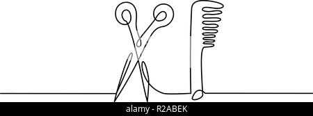 Forbici e pettine icona del business. Continuo di un disegno della linea. Illustrazione Vettoriale Illustrazione Vettoriale