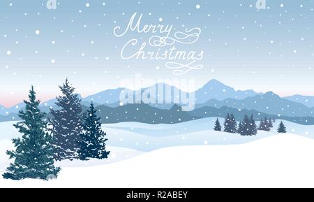 Merry Christmas greeting card. Inverno nevoso holiady natura paesaggio. Montagne di neve sullo sfondo dello skyline di Illustrazione Vettoriale