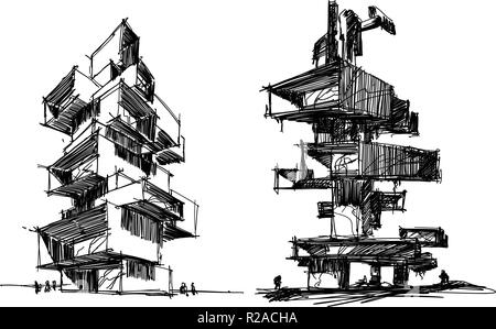 Due disegnati a mano bozzetti architettonici di un alto e moderno di edifici astratti o torre residenziale Illustrazione Vettoriale