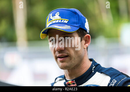 Il 18 novembre 2018, Coffs Harbour, Nuovo Galles del Sud, Australia; FIA World Rally Championship di Australia; M-Sport Ford World Rally Team Ford Fiesta Sebastien Ogier celebra un sesto campionato del mondo rally Foto Stock