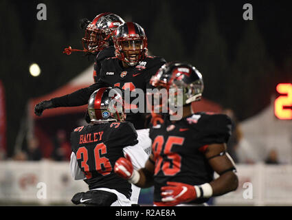 Novembre 17, 2018 Western Kentucky Hilltoppers defensive back Gaej Walker (12) e Western Kentucky Hilltoppers defensive back Roger Cray (24) celebra il suo touchdown durante una NCAA Football gioco tra il minatore UTEP e della Western Kentucky Hilltoppers a Houchens Industries-L.t. Smith Stadium di Bowling Green Ky. Steve Roberts CSM Foto Stock