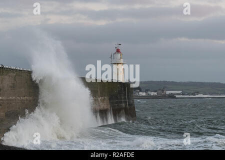 Newlyn, Cornwall, Regno Unito. Xviii Nov, 2018. Regno Unito Meteo. Venti freddi di oltre 45mph, diretto da Est stavano spingendo onde di oltre il muro del porto al Porto di Newlyn questa mattina, come temperature inizia a scendere dal recente alti. Credito: Simon Maycock/Alamy Live News Foto Stock