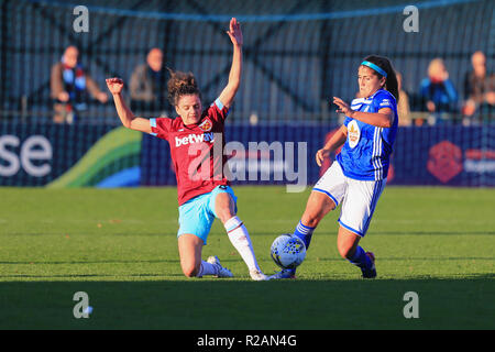 Birmingham, Regno Unito. 18 Novembre, 2018. Birmingham City's Paige Williams il sistema VIES per la palla con il West Ham Middag Tessal. BCFC donne 3 - 0 West Ham donne Pietro Lopeman/Alamy Live News Foto Stock