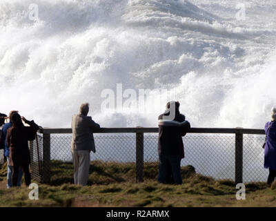 Cornwall, Regno Unito. 18 Nov 2018. Regno Unito Meteo la grande ondata noto come Cribbar o Widowmaker attira grandi folle di turisti per la capezzagna, generato dalla Atlantic bassa pressione sistema meteo responsabile per il recente Portugese Nazare big wave surf contest. No surfers ha tentato il Cribbar in questa occasione.XVIII Novembre,2018 Robert Taylor/Alamy Live News. Newquay, Cornwall, Regno Unito. Credito: Robert Taylor/Alamy Live News Foto Stock