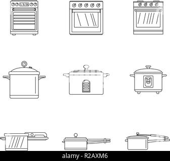 Fornello forno stufa pan bruciatore set di icone. Schema Illustrativo del fornello 9 forno stufa pan bruciatore icone vettoriali per il web Illustrazione Vettoriale